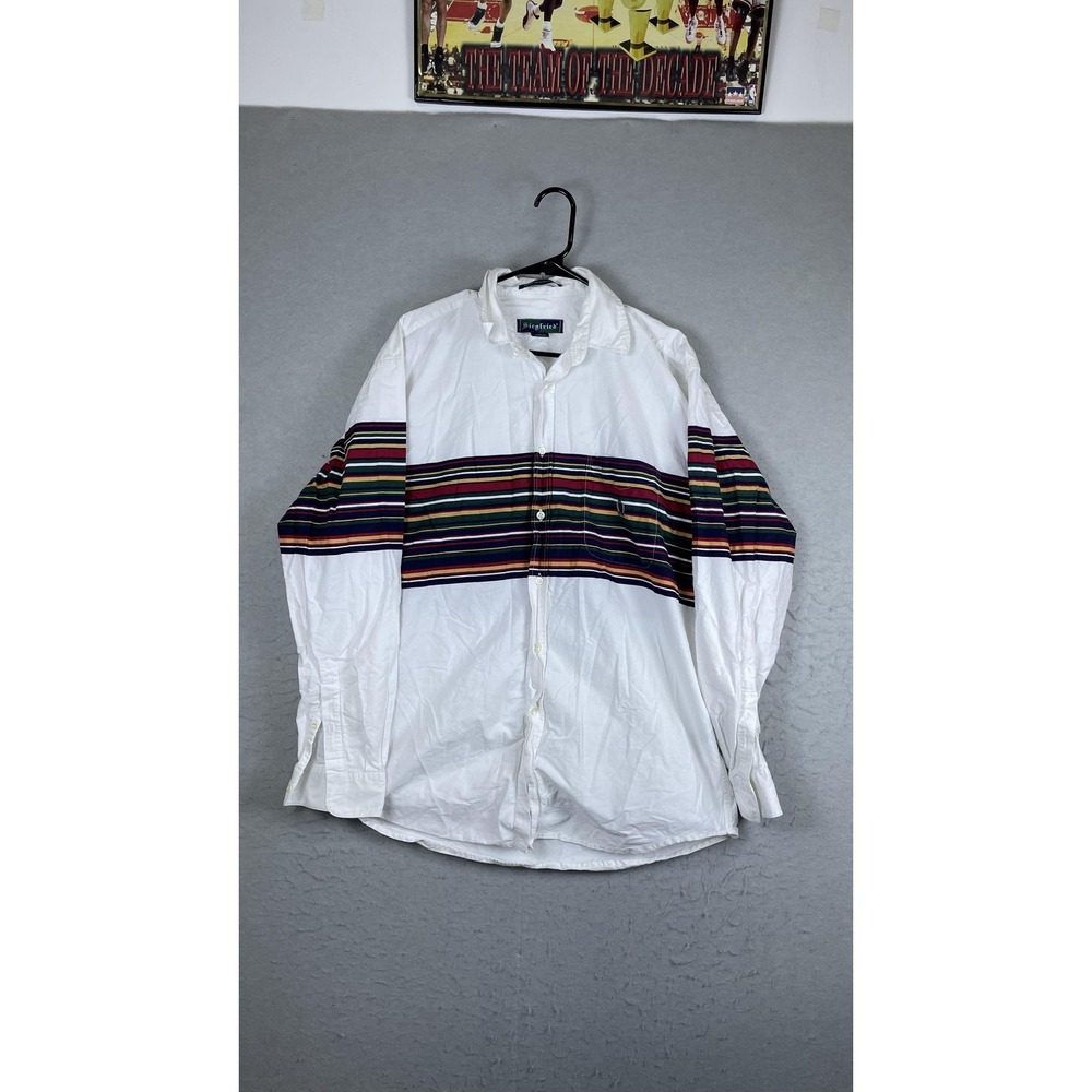 Vintage Siegfried Shirt Mens Large White Stripe Long Sleeve Button Casual Crest